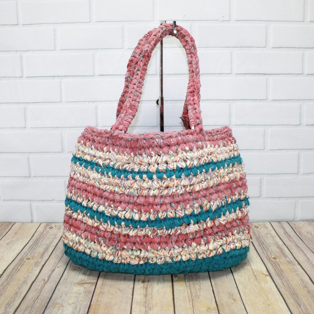 Women's Multi-Color Open Top Braided Jute Double Handle Tote Handbag Size L - Picture 1 of 7